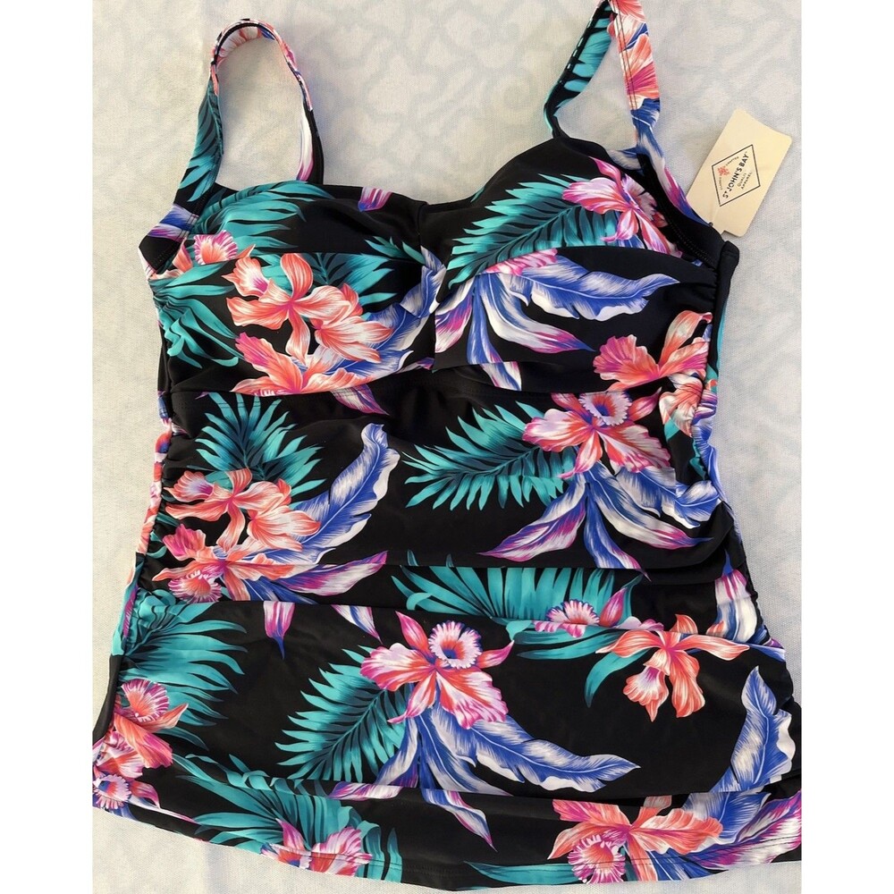 St John’s Bay Ruched Womens Tankini Swimwear Top 12 Black Floral Coastal Beachy